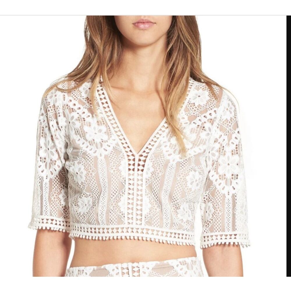 For Love And Lemons White Cropped Lace V-Neck Blouse